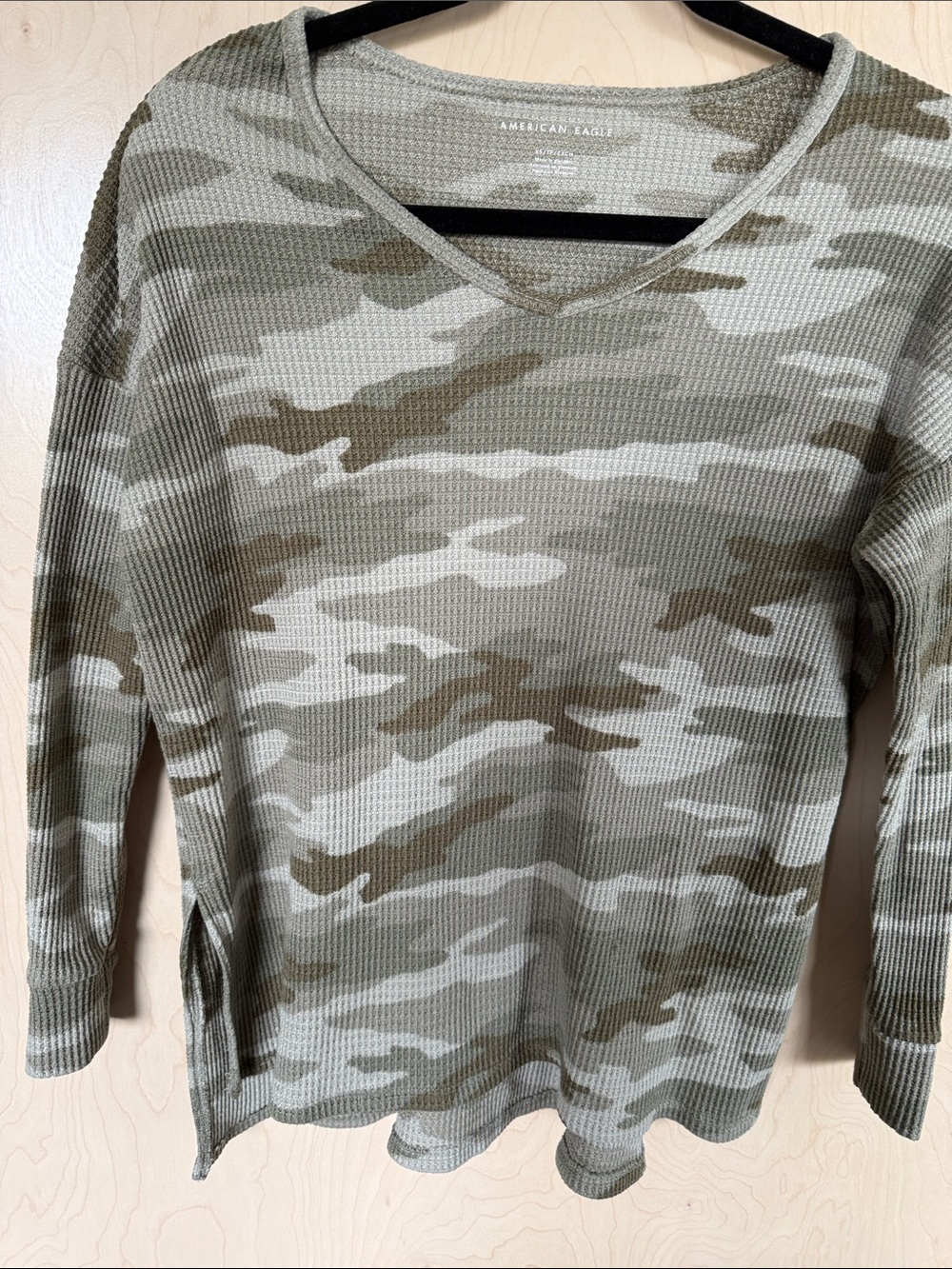 American Eagle Outfitters Olive & Cream Camo Waffle V-Neck Sweater